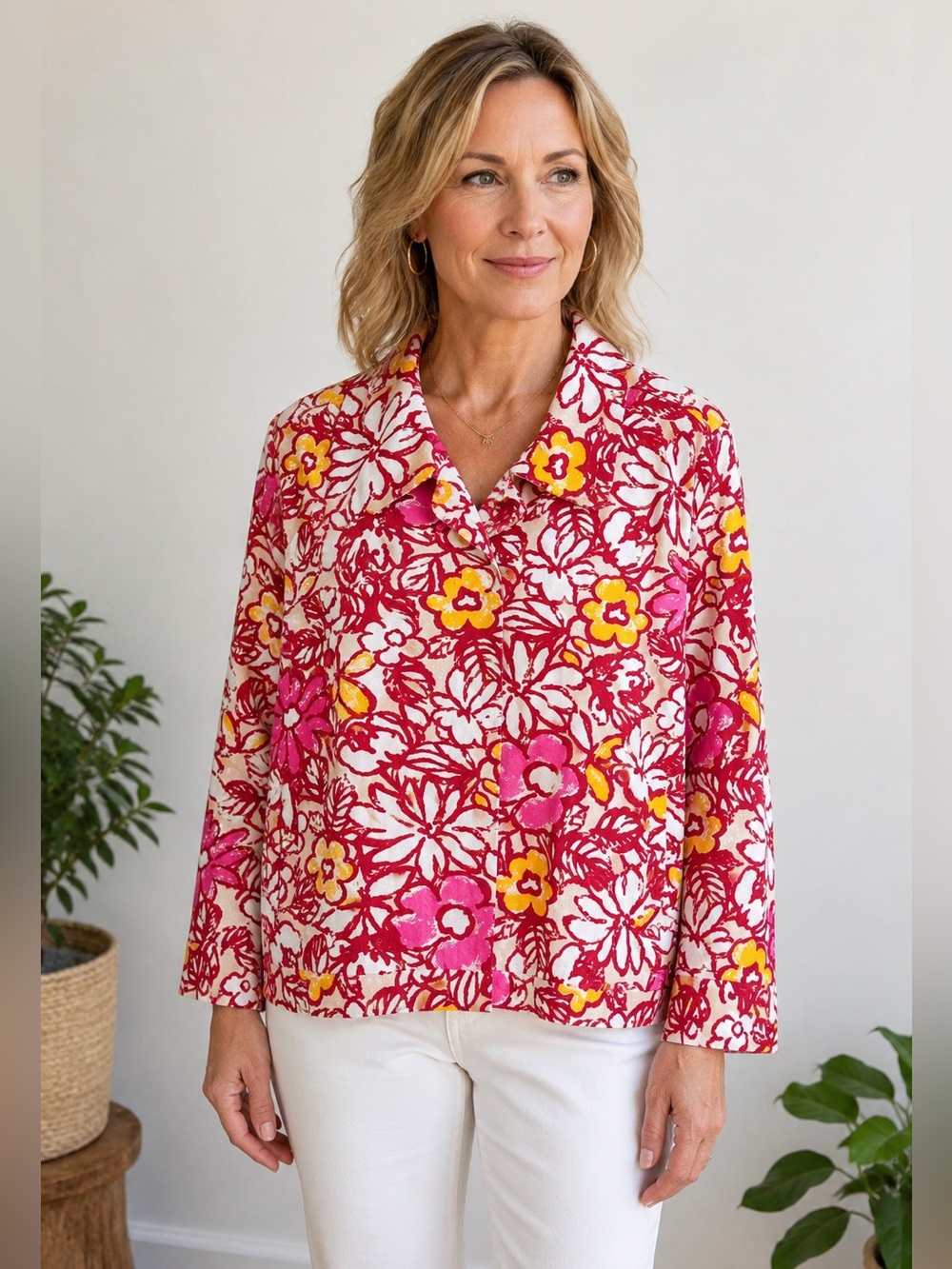 Chico’s Zenergy Floral Print Jacket Pocket Pink‎ White Large Chico’s 2 Groovy
